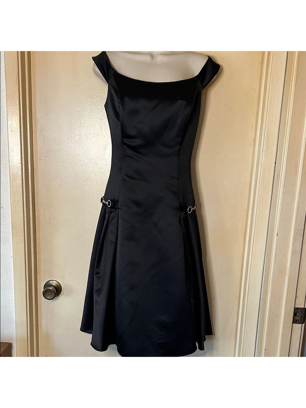 Jessica McClintock Vintage Black Satin Midi Dress with rhinestone details size 6